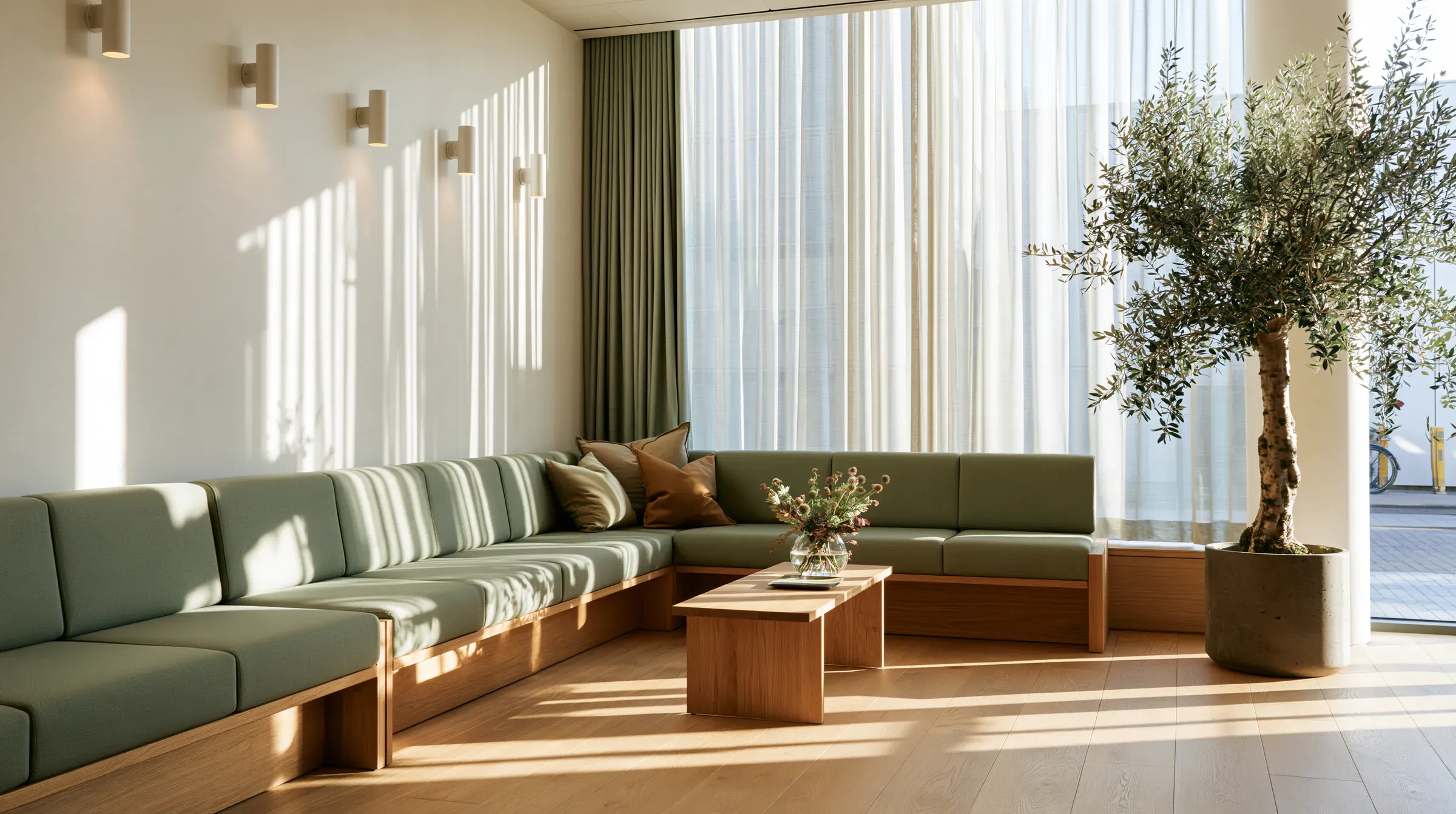 Recepción luminosa con sofás verde salvia y un olivo
