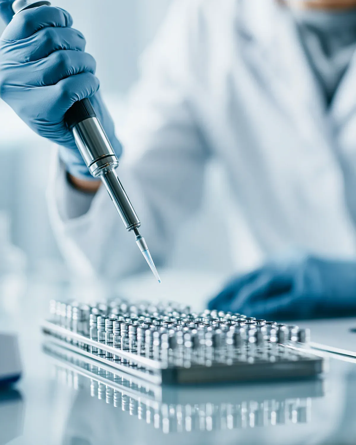 Científica con guantes azules pipeteando muestras