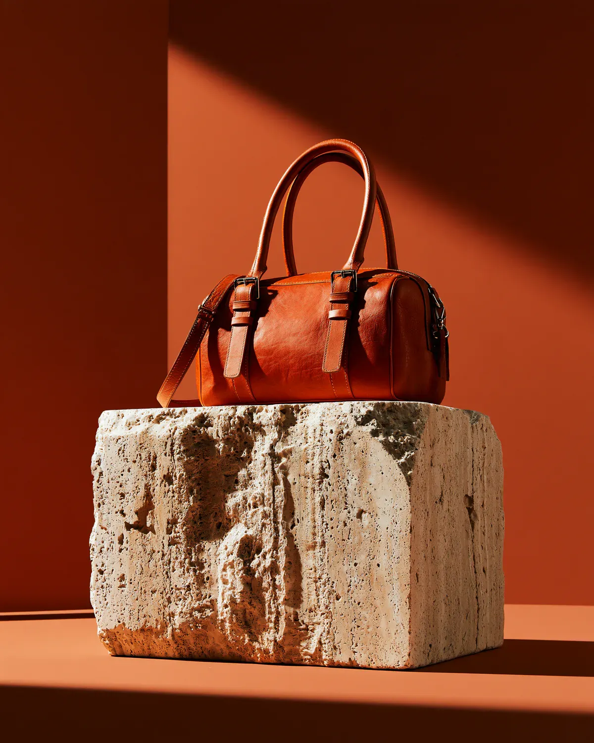 Bolso de cuero cognac sobre pedestal de travertino