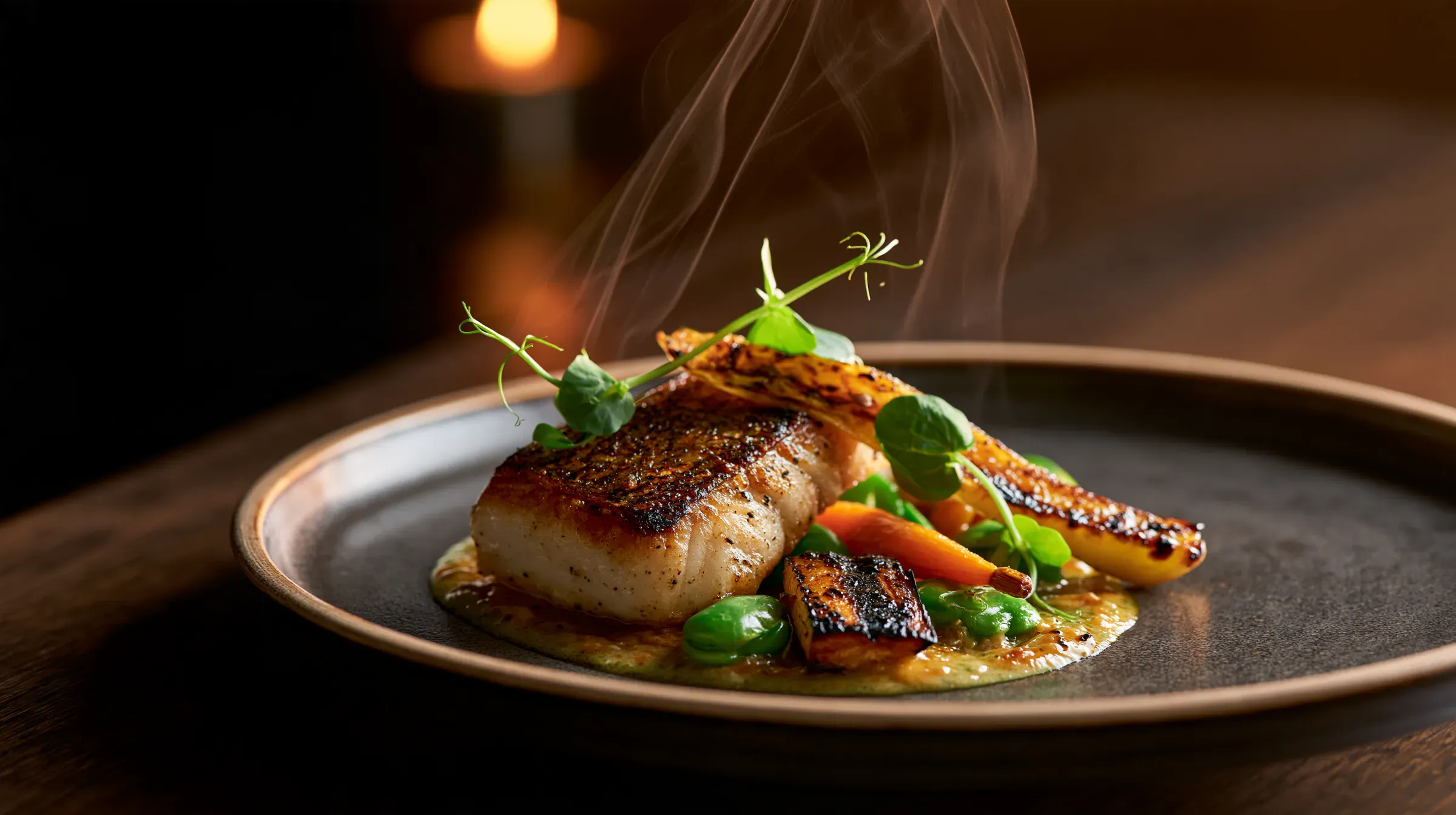 Pesca del día a la brasa con vegetales, a la luz de una vela